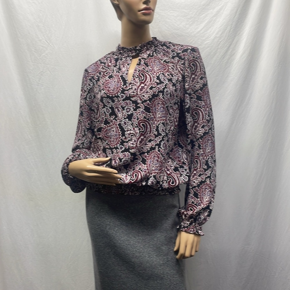 Michael Kors Womens Paisley Gathered Peep Hole Long Sleeve Blouse - Picture 9 of 9